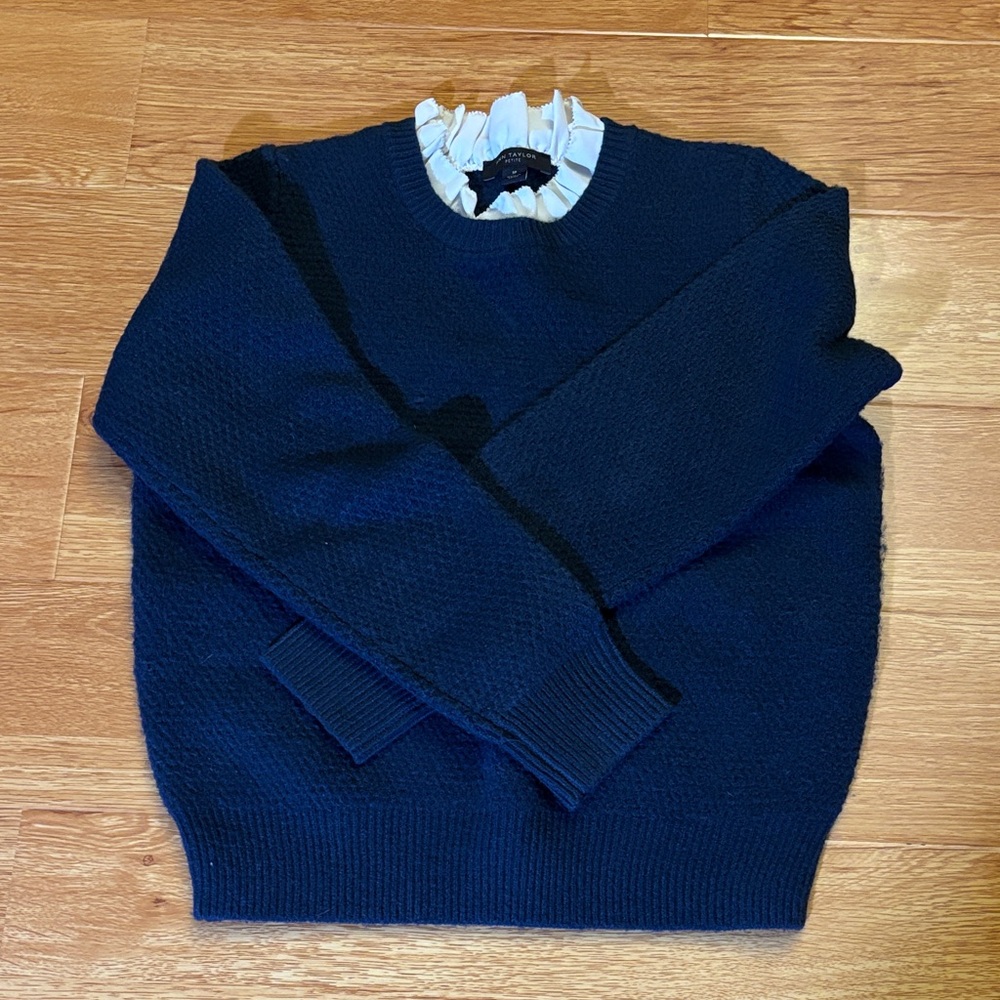 Ann Taylor Teal Blue Crewneck Sweater with ruffles - size small petite
